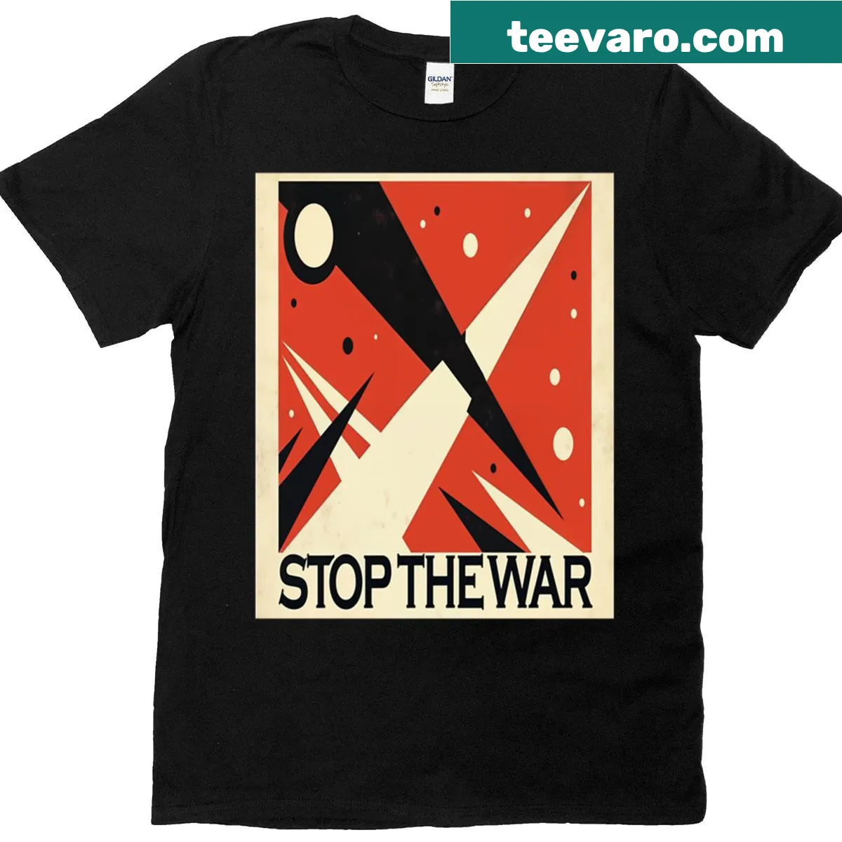 Soviet Constructivist inspired anti-war graphic t-shirt — on a men's t-shirt