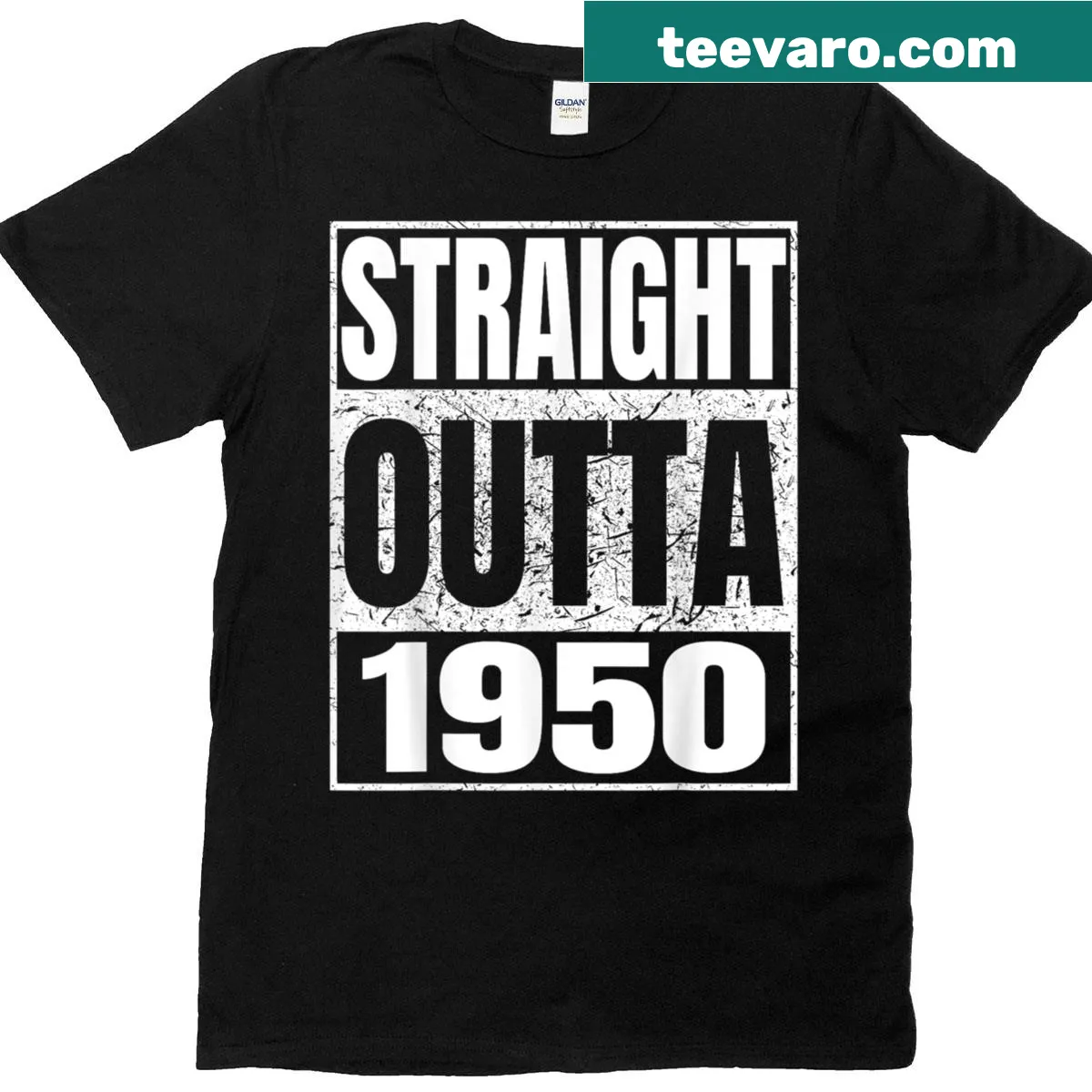 Vintage T-shirt with 'Straight Outta 1950' design for birthdays. — on a men's t-shirt