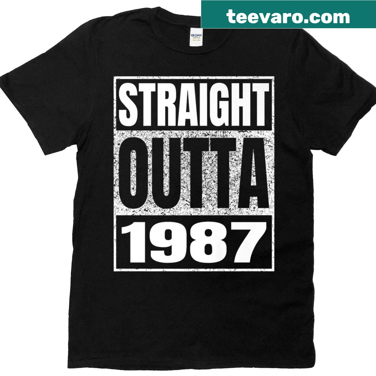 Vintage birthday T-shirt with 'Straight Outta 1987' text — on a men's t-shirt