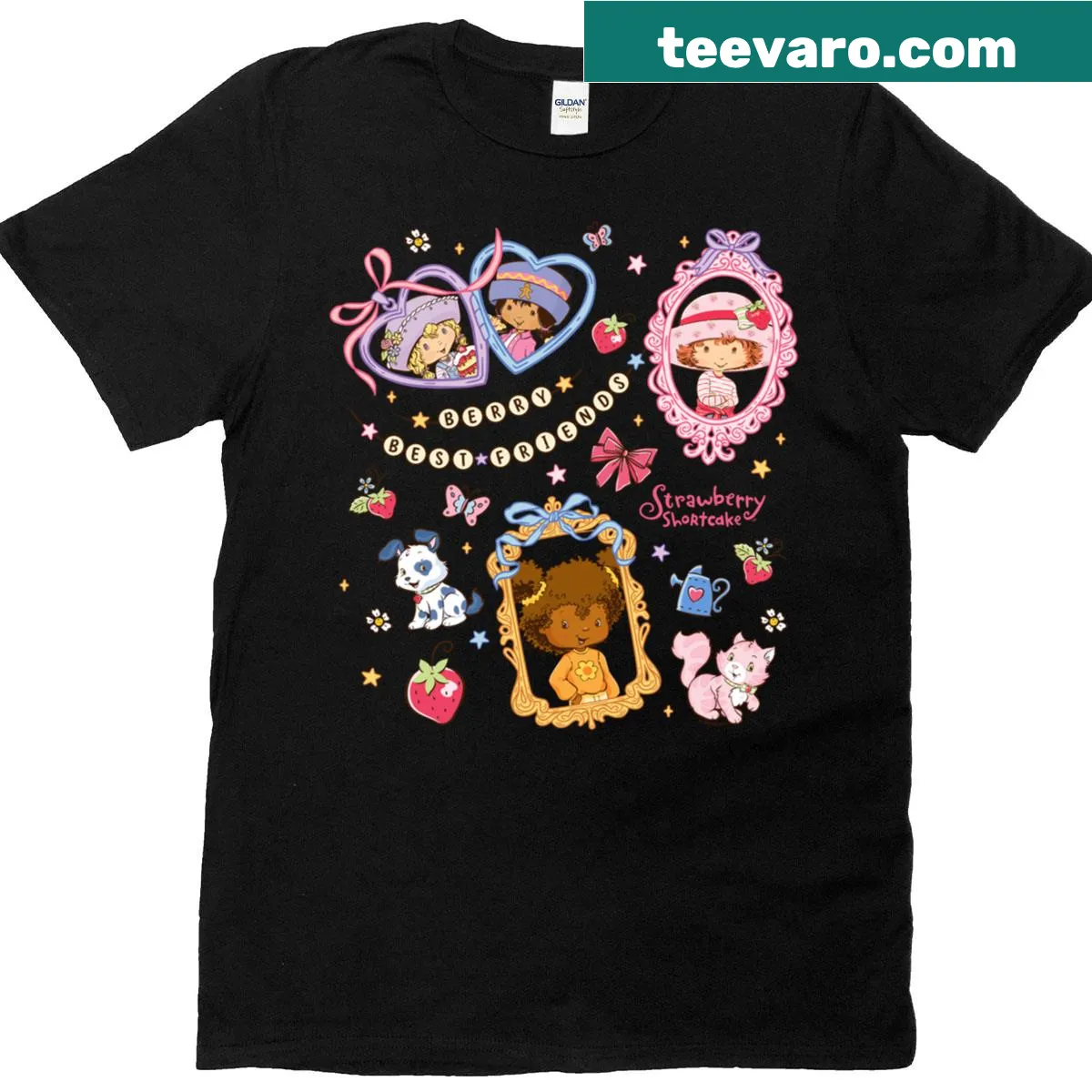 Cartoon graphic of Strawberry Shortcake and friends in a cute style — on a men's t-shirt