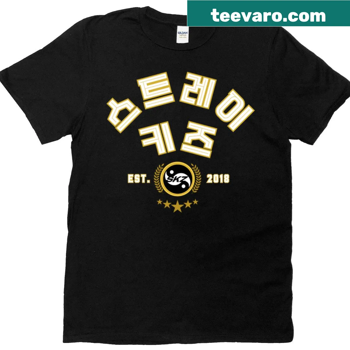 Stray Kids Hangul emblem T-shirt with the text 'SKZ Est 2018' — on a men's t-shirt