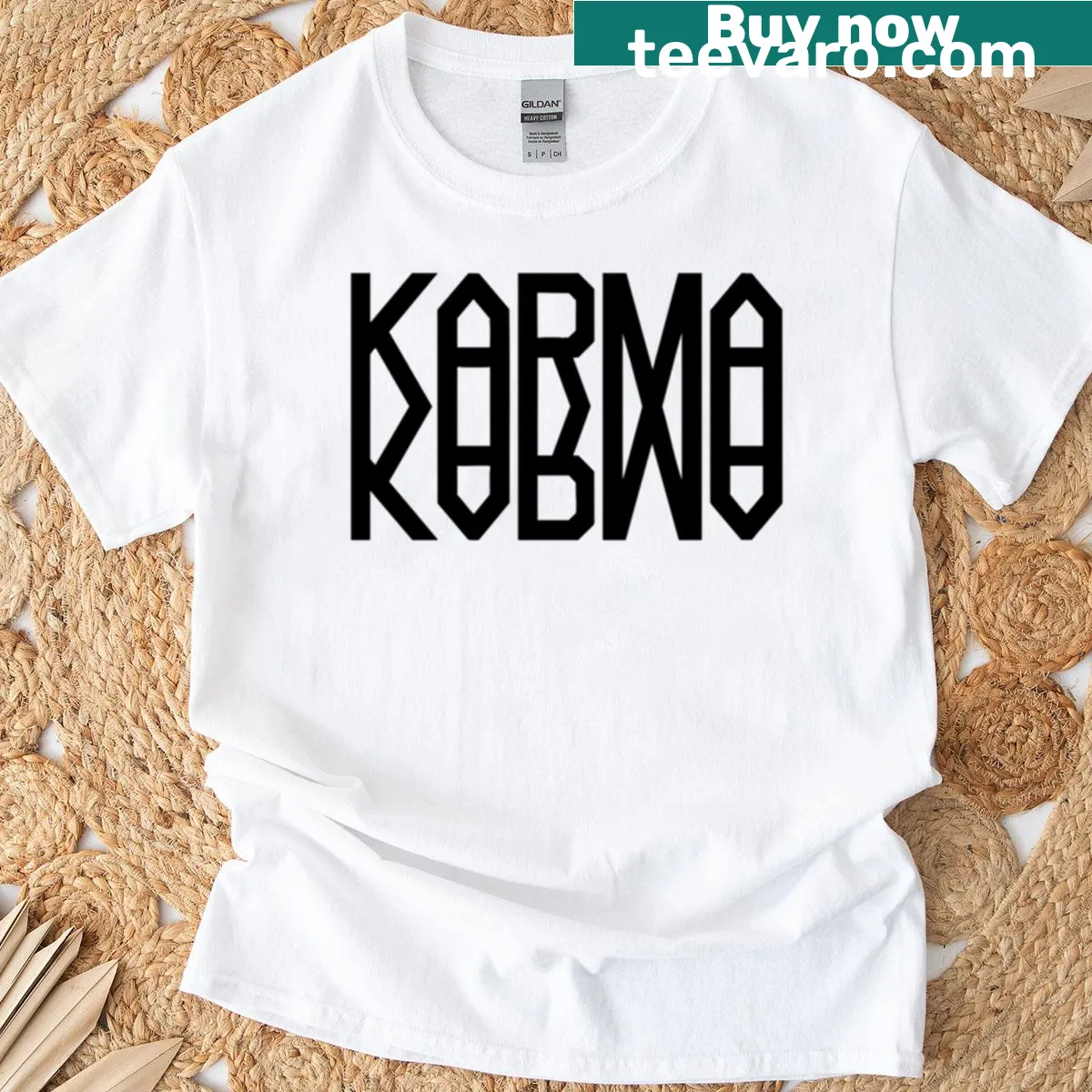 Karma logo T-shirt celebrating the band Stray Kids — on a men's t-shirt