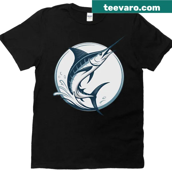 T-shirt featuring a stylized blue marlin illustration