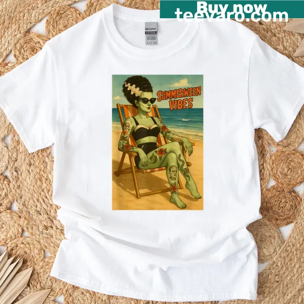 Retro t-shirt celebrating Summerween with beach and gothic design