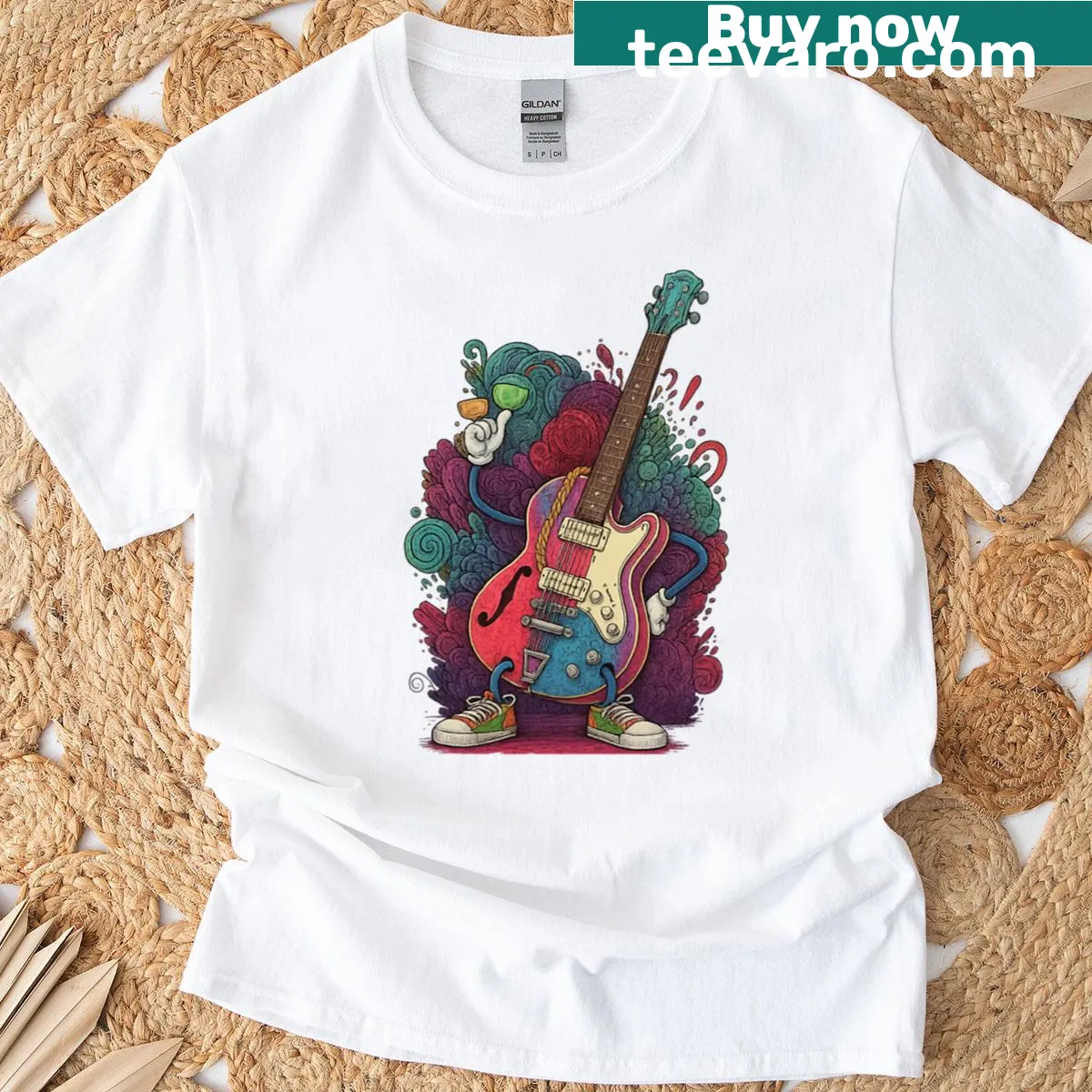 Humorous T-shirt featuring a Dangelico guitar illustration — on a men's t-shirt