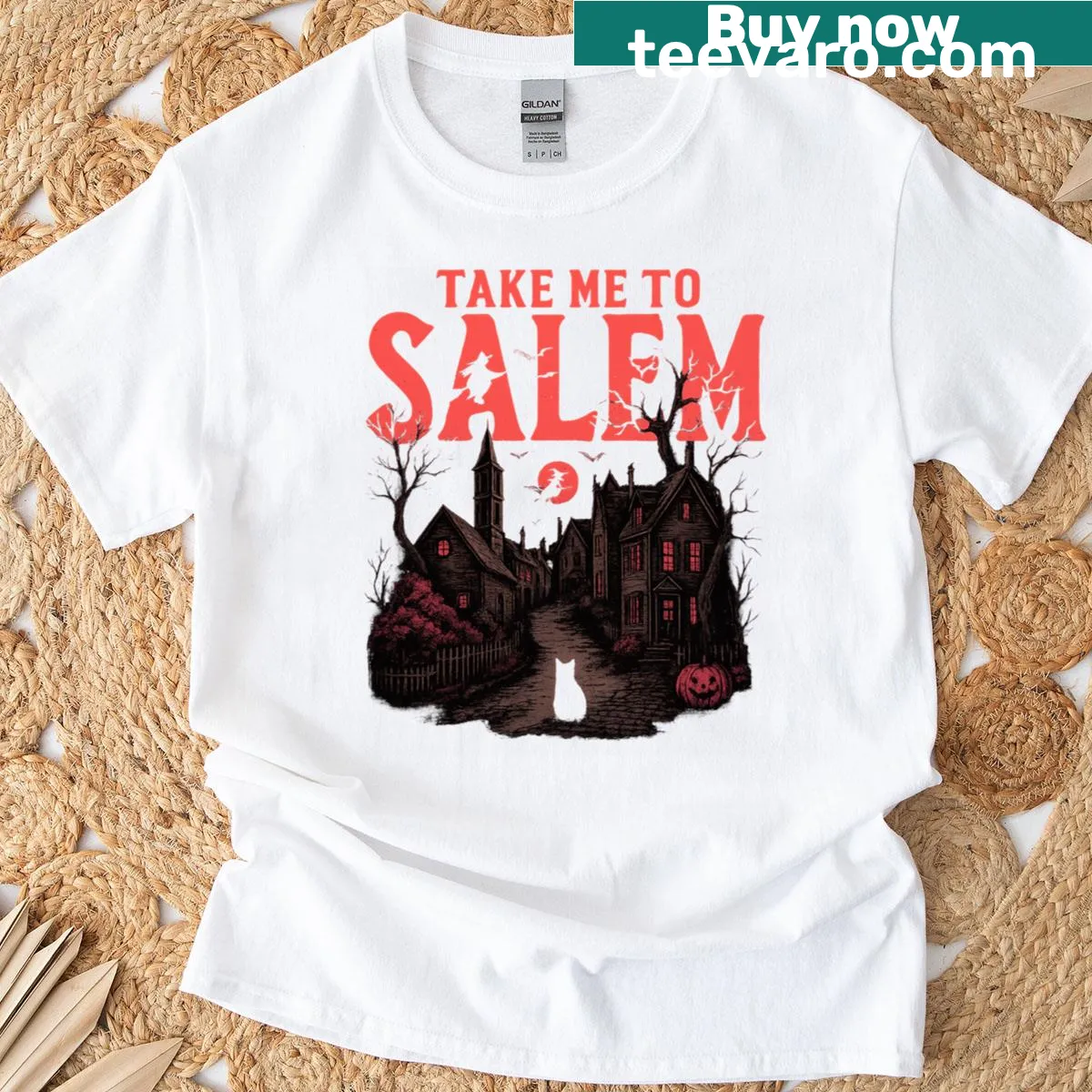 Retro design of black cat with text on Halloween t-shirt — on a men's t-shirt