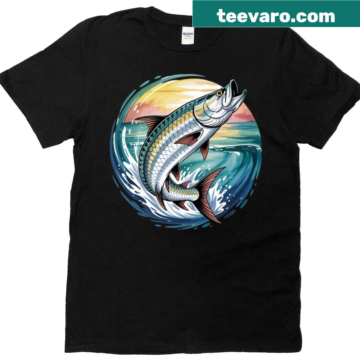 Illustration of a tarpon in a tropical storm on an oversized fishing tee — on a men's t-shirt