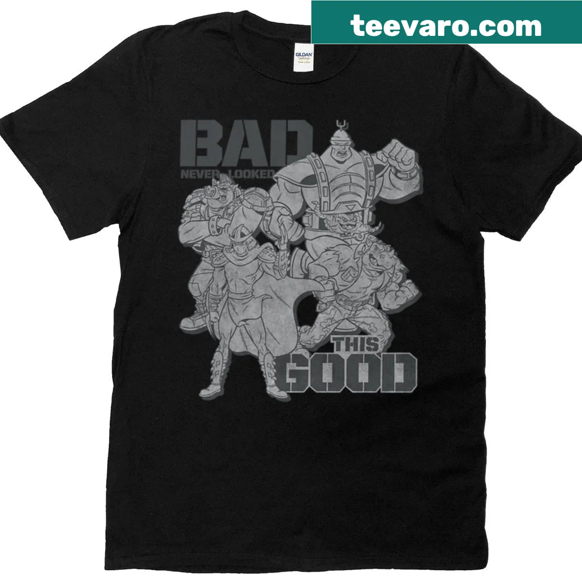 Teenage Mutant Ninja Turtles Villains logo t-shirt with playful text — on a men's t-shirt