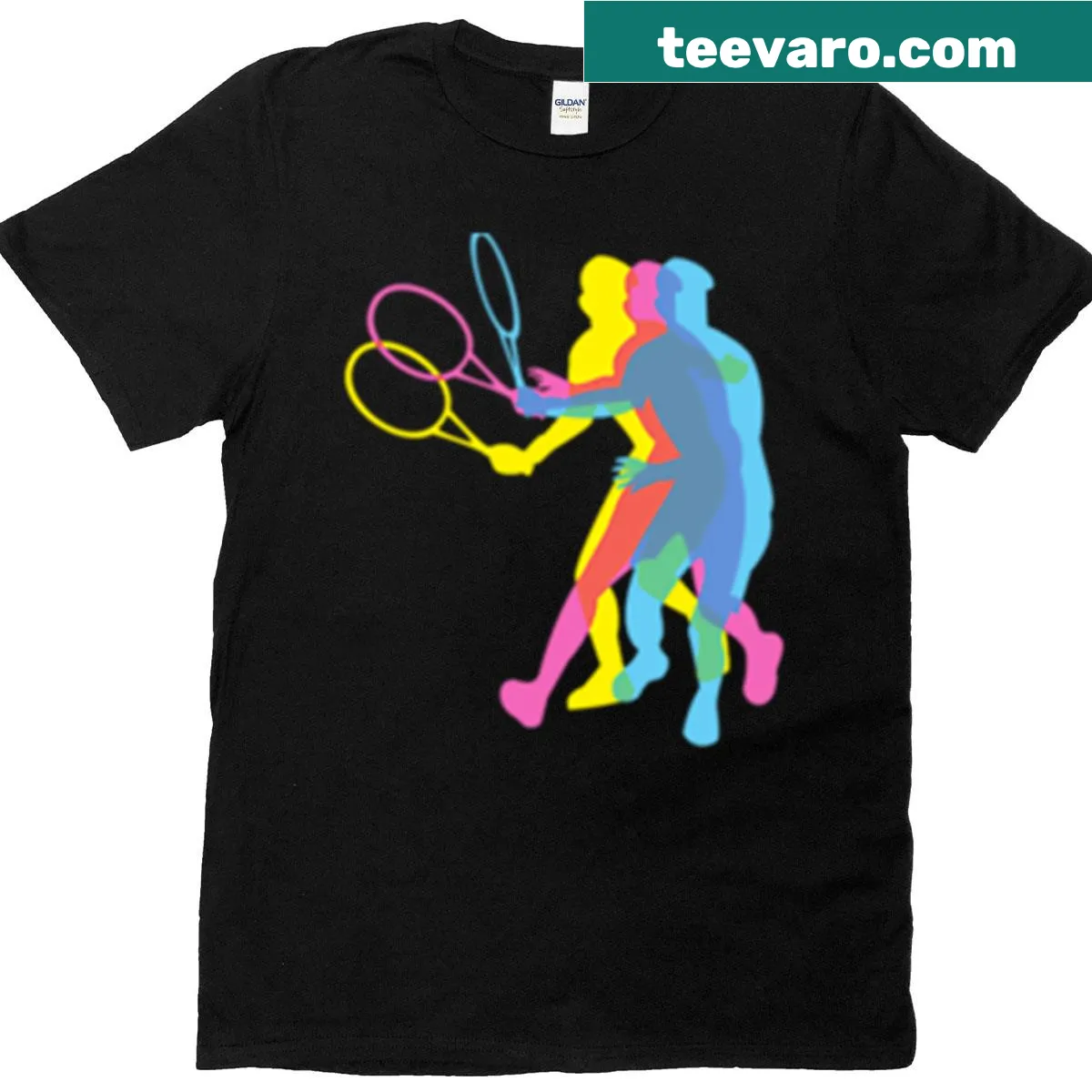 Minimalist t-shirt featuring a small logo representing a tennis forehand. — on a men's t-shirt