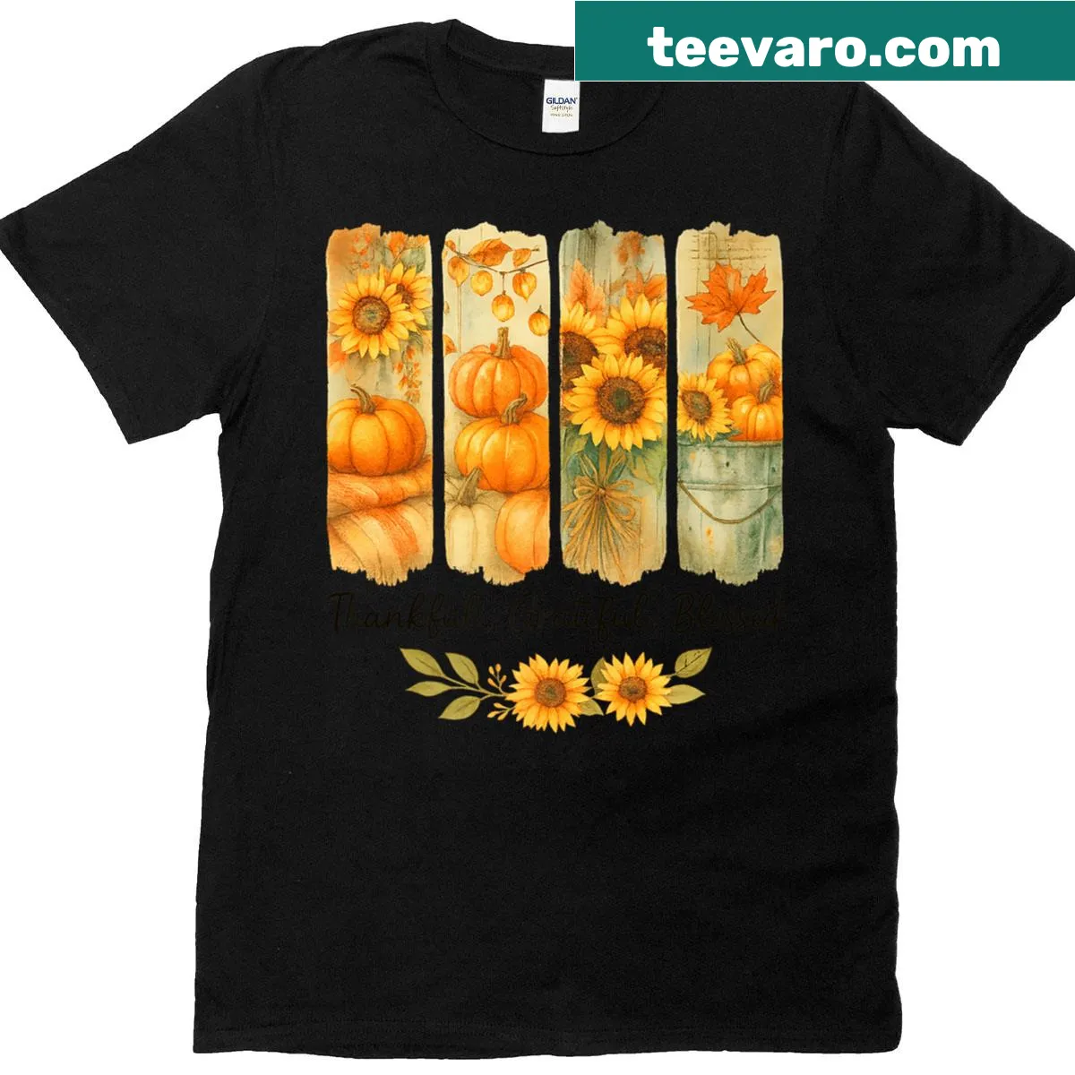 Thanksgiving T-shirt with the phrase Thankful Grateful Blessed and autumn designs — on a men's t-shirt