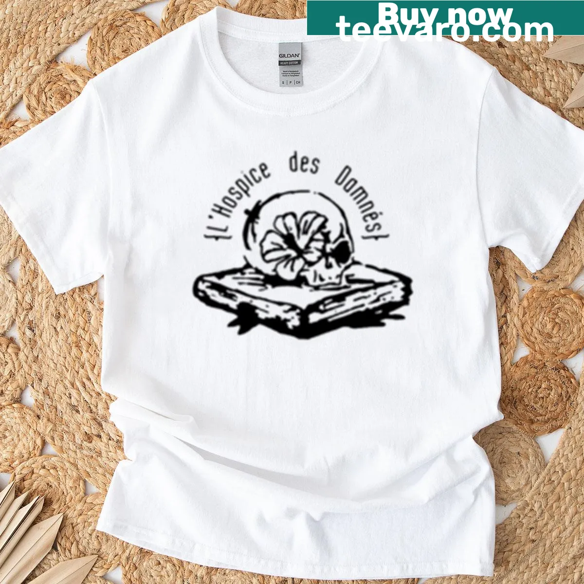 Dark T-shirt featuring 'The Black Hospice Of The Damned' graphic. — on a men's t-shirt