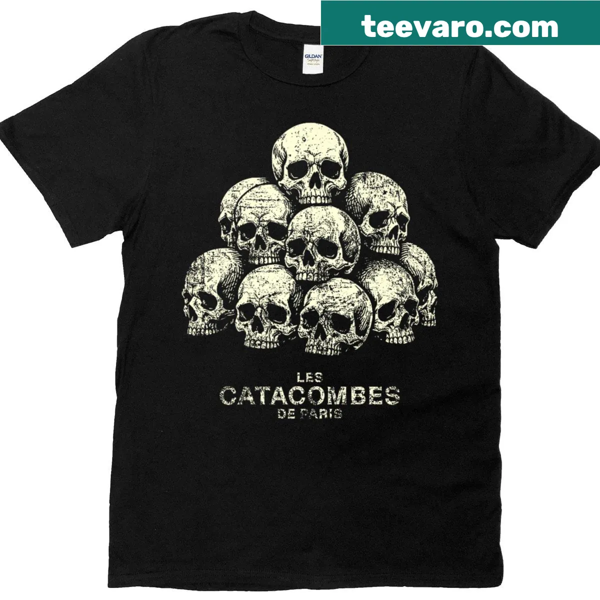 Distressed print shirt featuring skulls inspired by the Catacombs of Paris — on a men's t-shirt