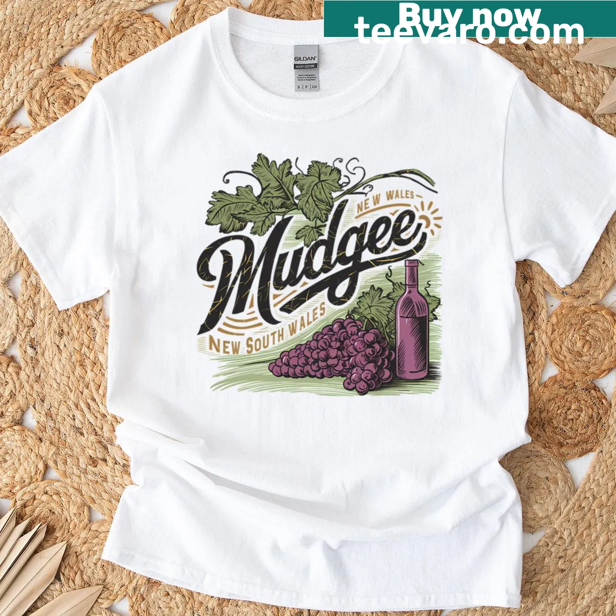 Modern retro emblem t-shirt highlighting Mudgee food and wine — on a men's t-shirt