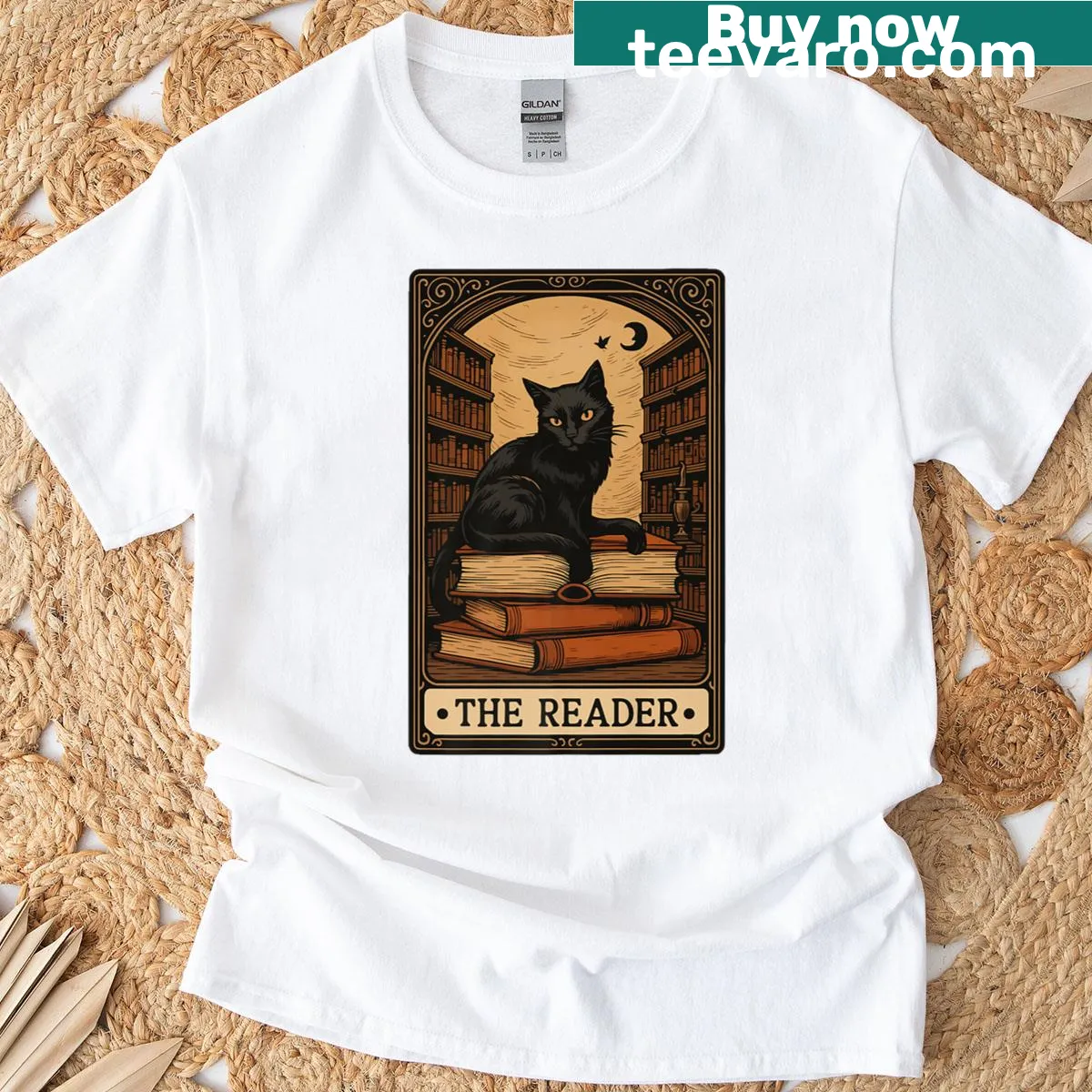 T-shirt with a black cat, books, and tarot cards graphic — on a men's t-shirt