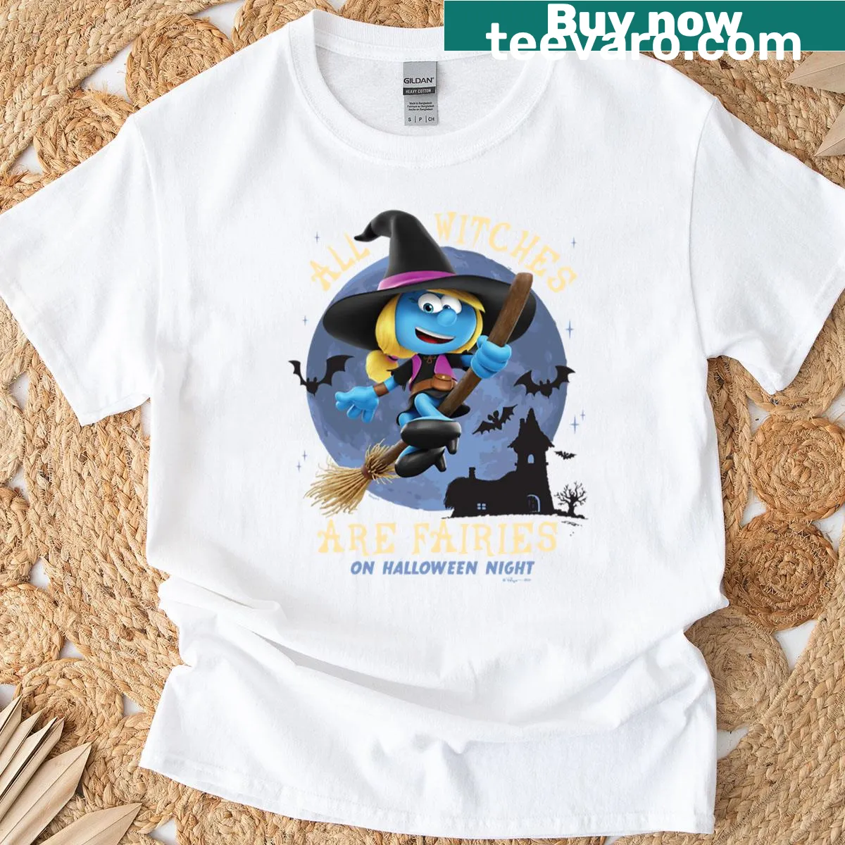 The Smurfs Halloween graphic with witches and fairies — on a men's t-shirt