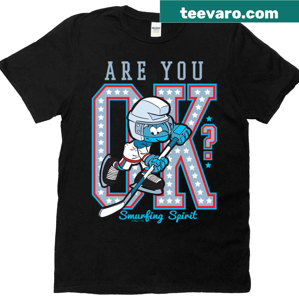 Smurfs logo with playful game spirit design on T-shirt — on a men's t-shirt