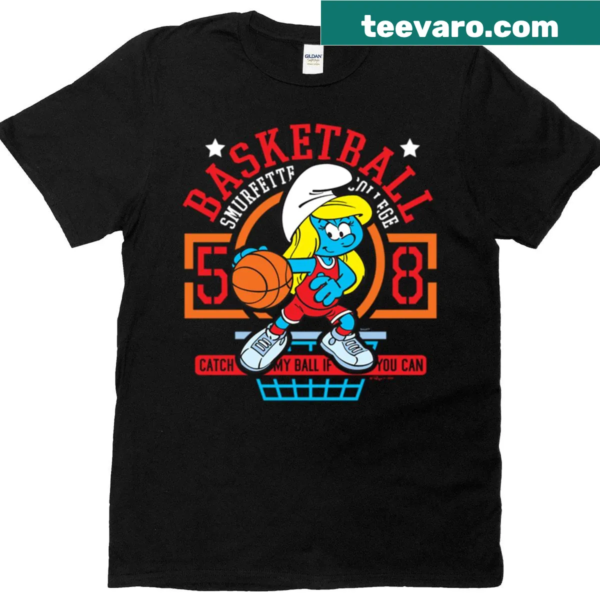 Smurfs t-shirt featuring Basketball Smurfette college logo — on a men's t-shirt