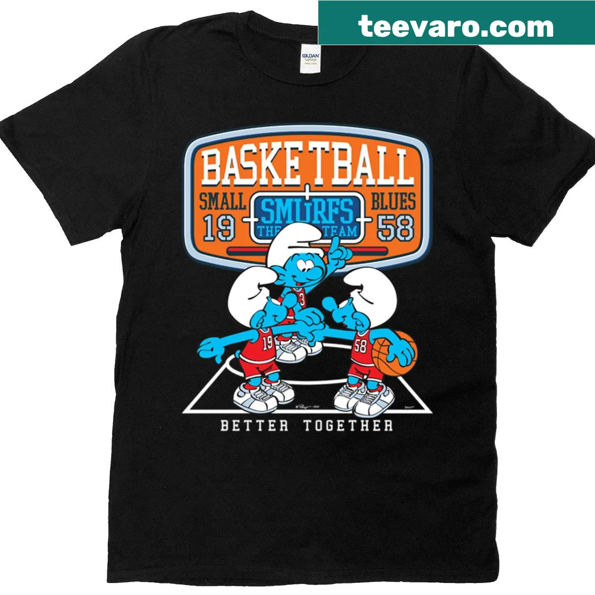 Illustrated Smurfs basketball team logo t-shirt with 'Better Together' — on a men's t-shirt