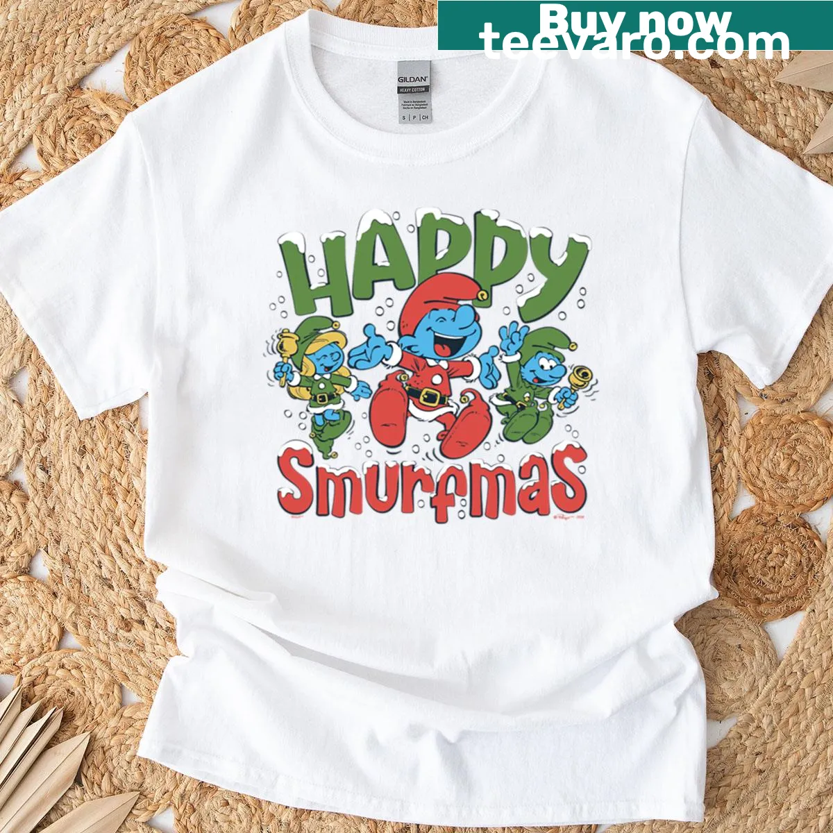 Smurfs Christmas T-shirt with a happy Smurfmas logo illustration — on a men's t-shirt