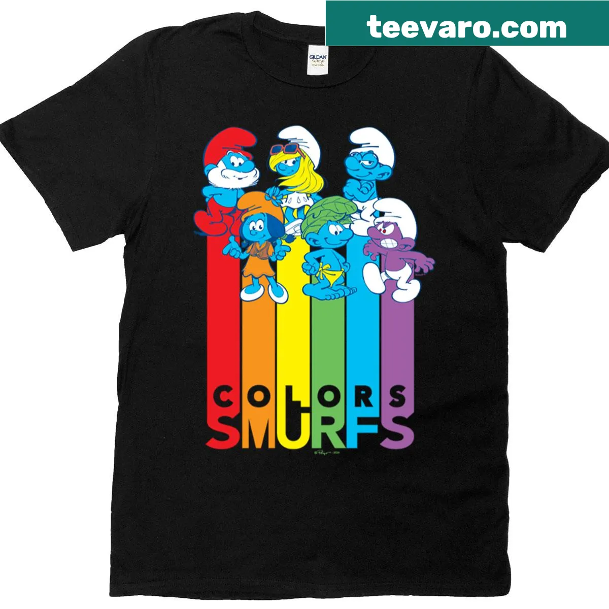 Group shot of Smurfs graphic on a t-shirt for kids — on a men's t-shirt