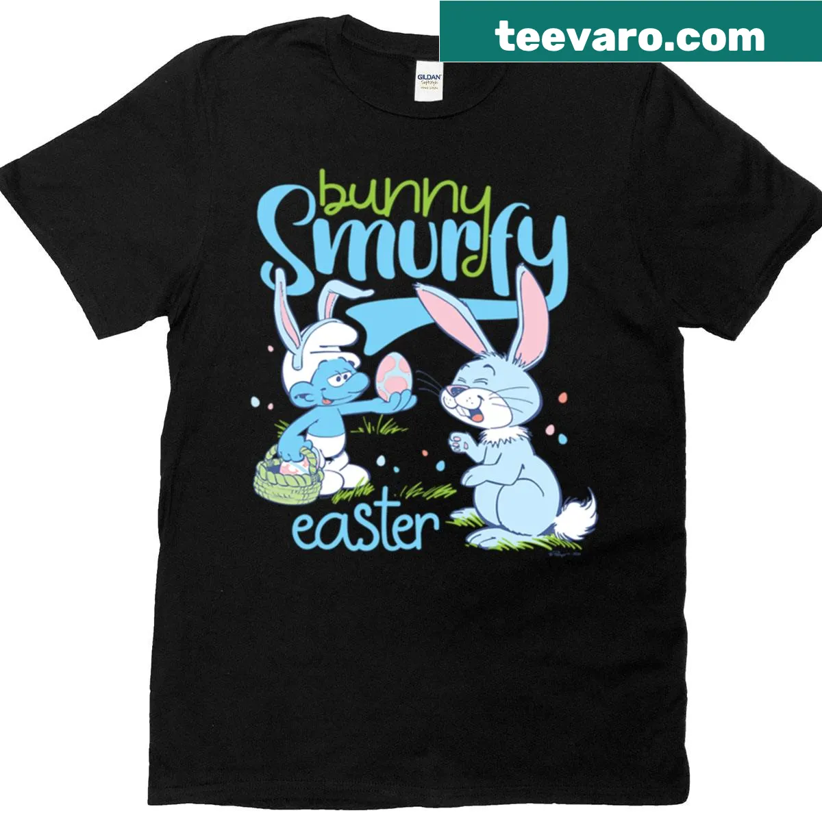 Cute bunny Smurfs logo featured on an Easter-themed T-shirt — on a men's t-shirt
