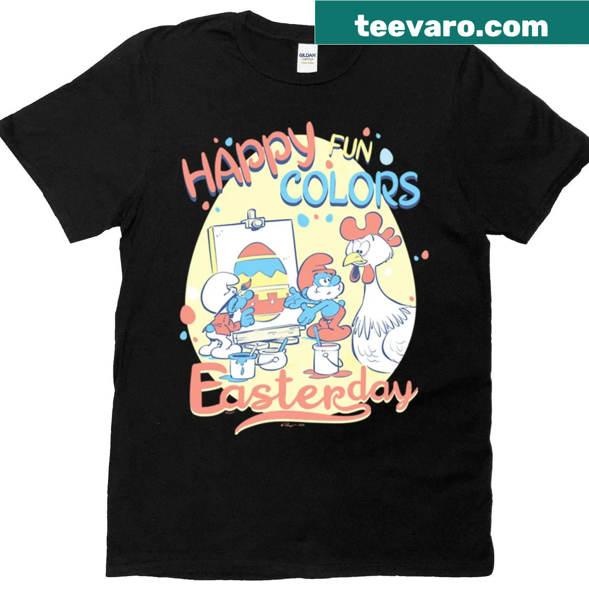Easter-themed Smurfs graphic on a kids' t-shirt — on a men's t-shirt