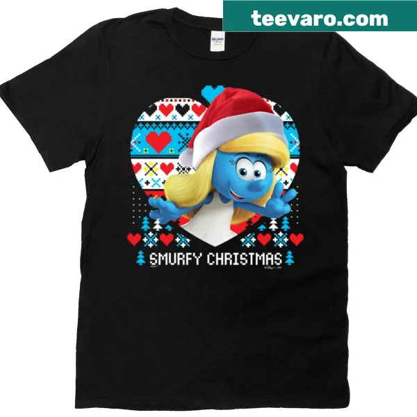 Smurfette graphic on a festive Christmas t-shirt for kids