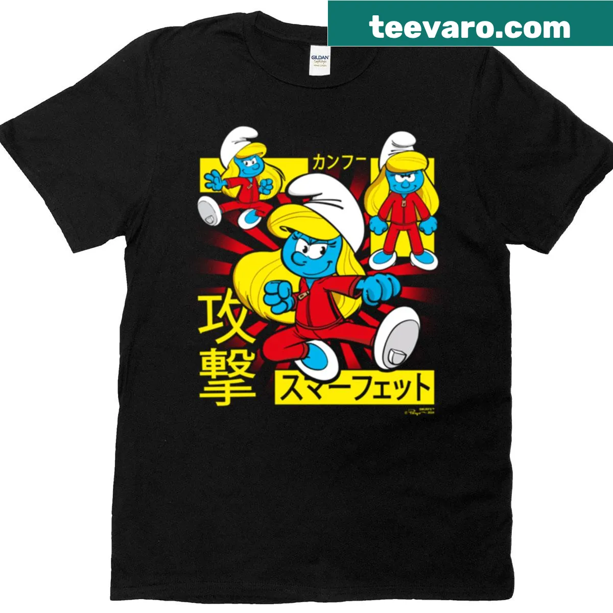 Kung Fu Smurfette collage with Kanji characters and retro logo — on a men's t-shirt