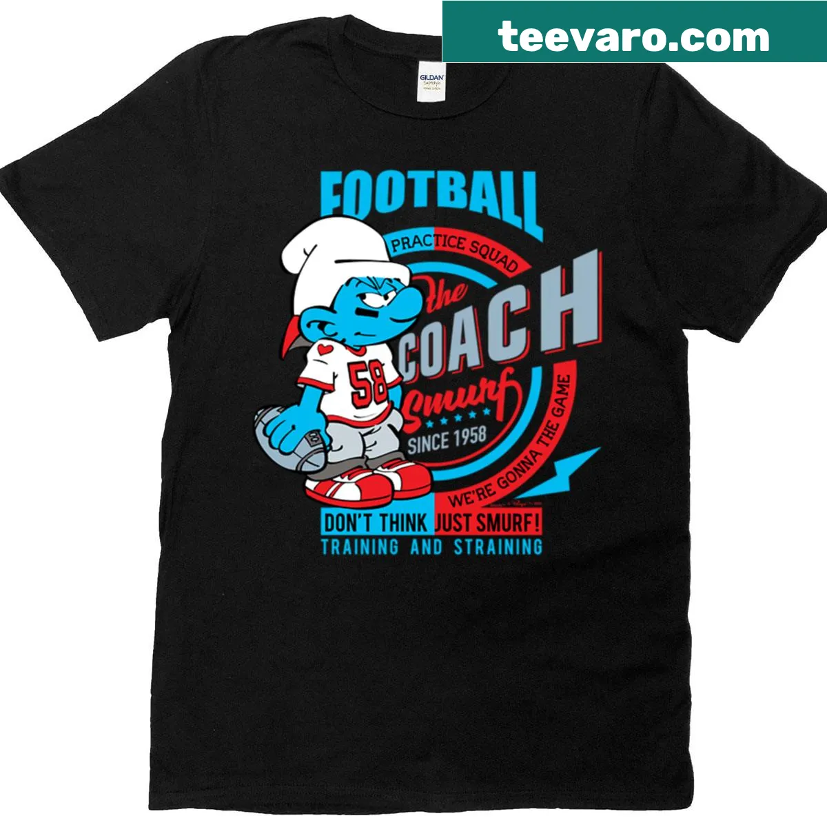 Football-themed T-shirt featuring Hefty Smurf logo. — on a men's t-shirt