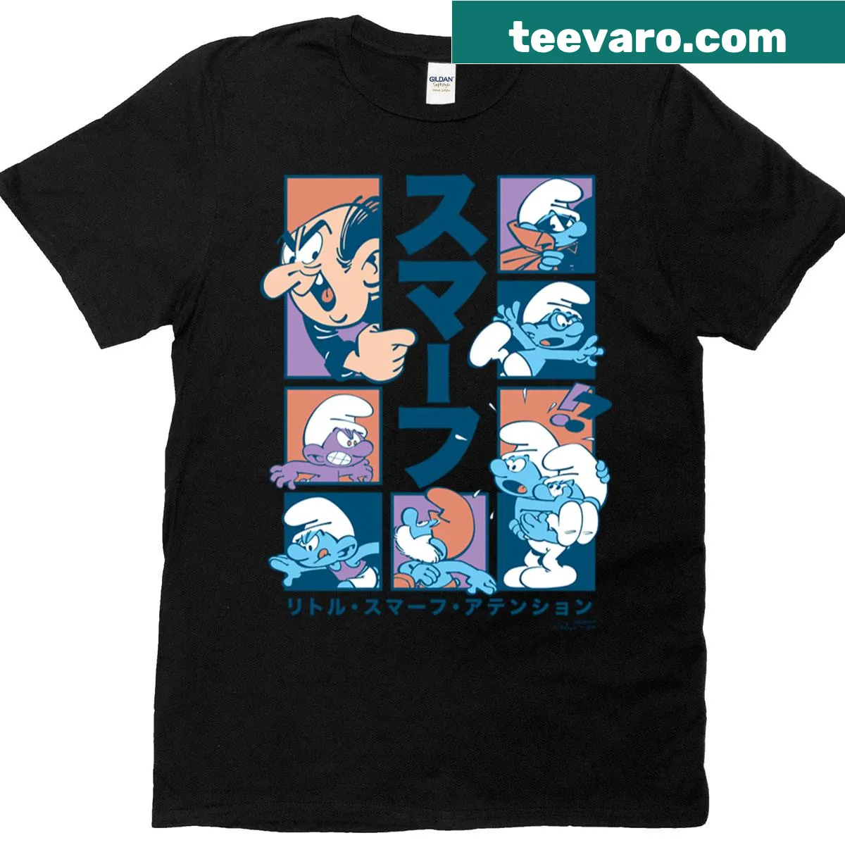 Gargamel and Little Smurfs design with Kanji text T-shirt — on a men's t-shirt
