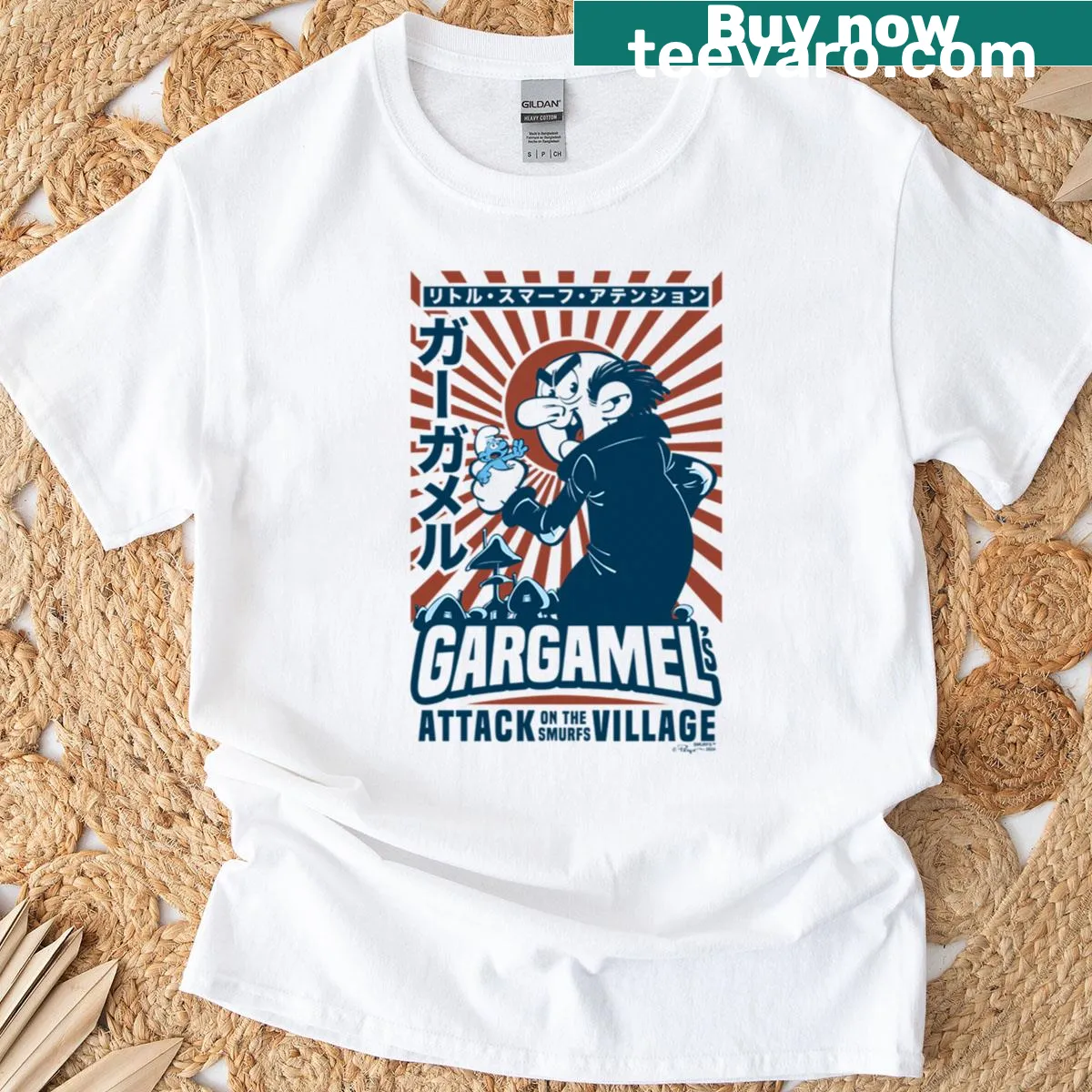 Retro Smurfs logo with Gargamel attacking Smurf Village — on a men's t-shirt