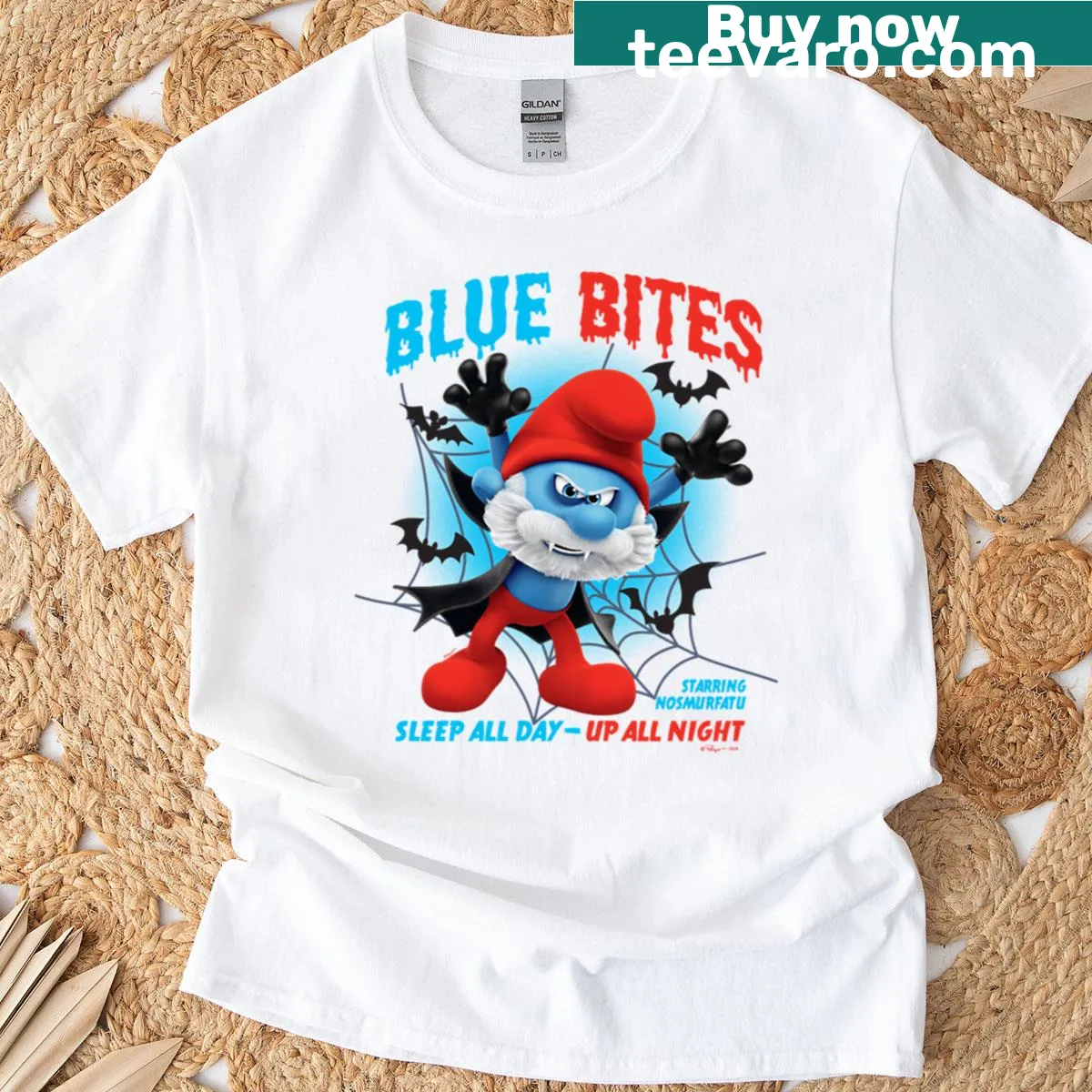 Halloween-themed Papa Smurf logo with bites on t-shirt — on a men's t-shirt
