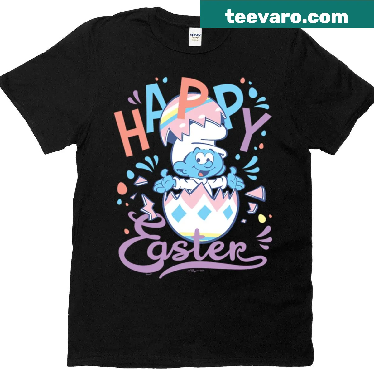 Cute Easter-themed T-shirt with Smurf and egg illustration. — on a men's t-shirt