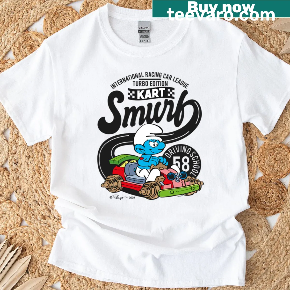 Racing Kart logo with The Smurfs design — on a men's t-shirt