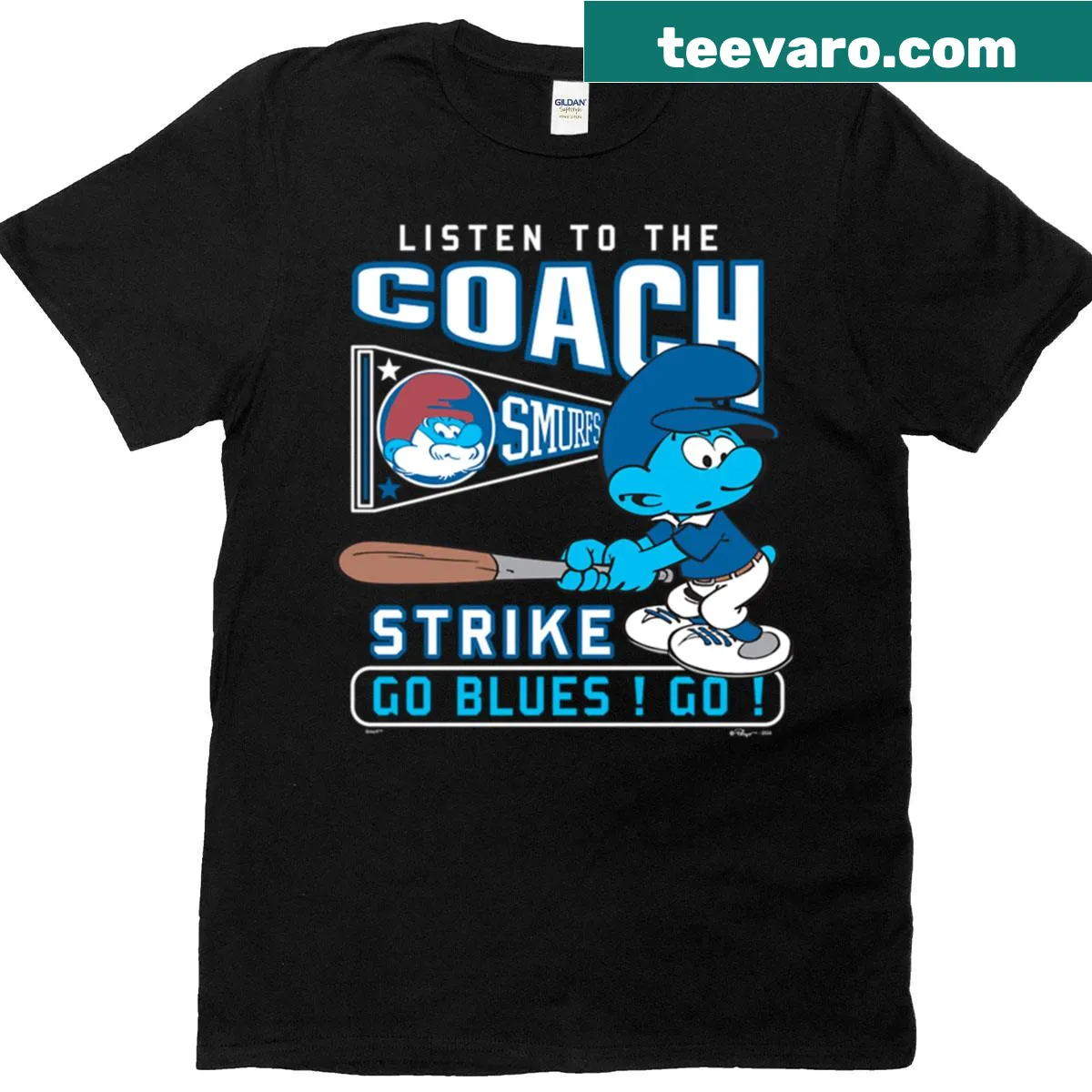 Smurfs logo shirt encouraging support for the Blues — on a men's t-shirt