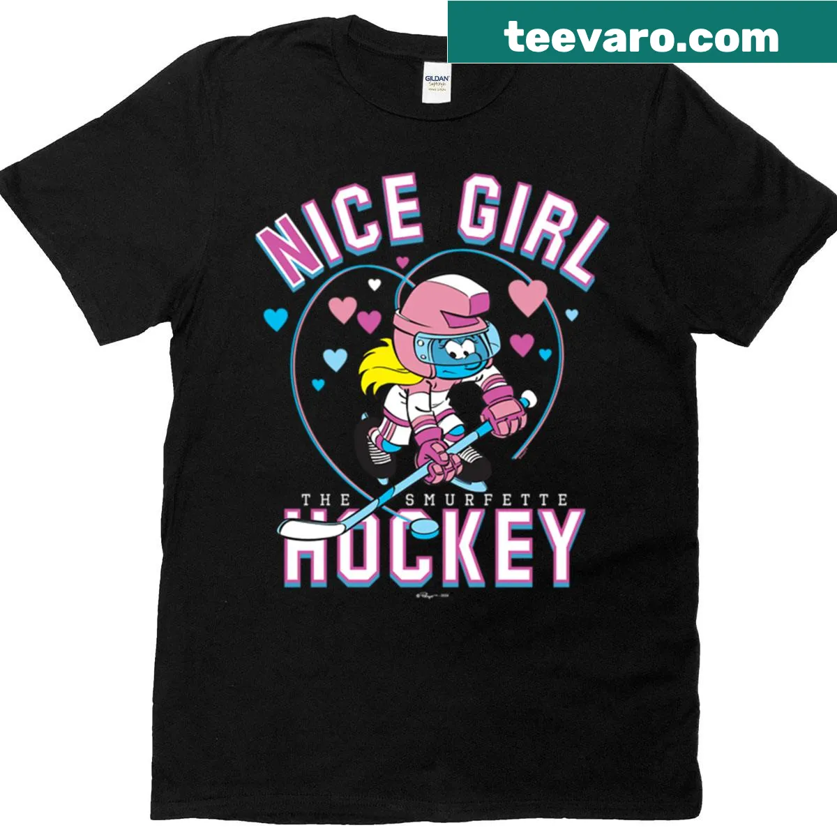 Smurfette hockey logo T-shirt celebrating a playful sporty spirit — on a men's t-shirt