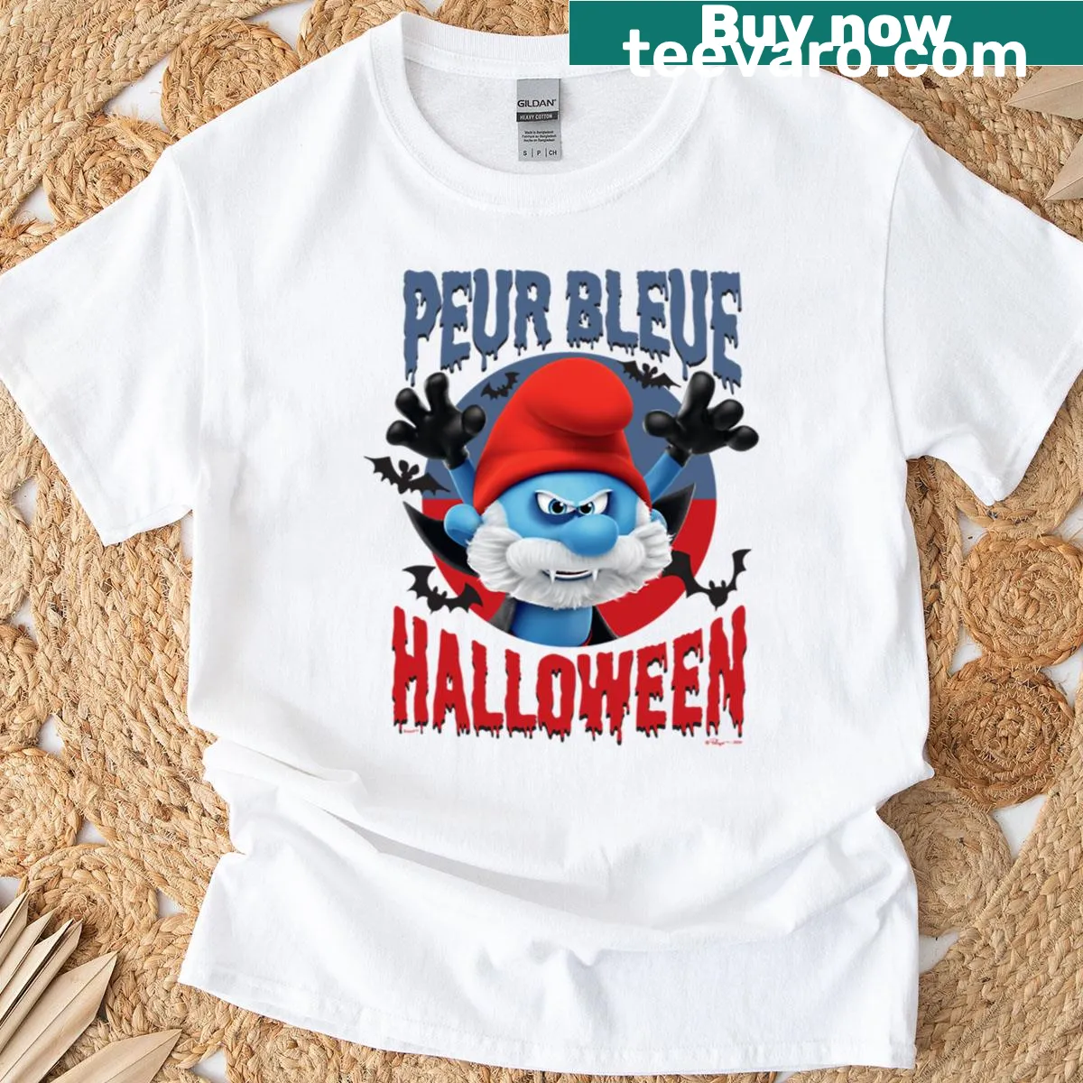 Halloween-themed T-shirt with Papa Smurf as a vampire — on a men's t-shirt