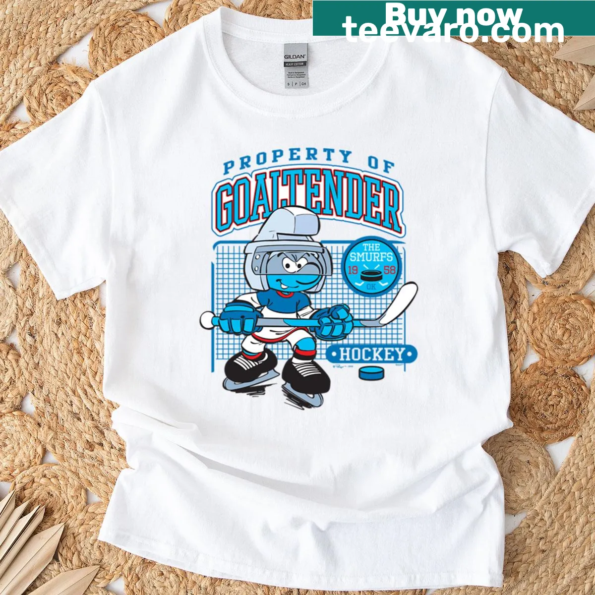 Goaltender hockey logo featuring The Smurfs — on a men's t-shirt