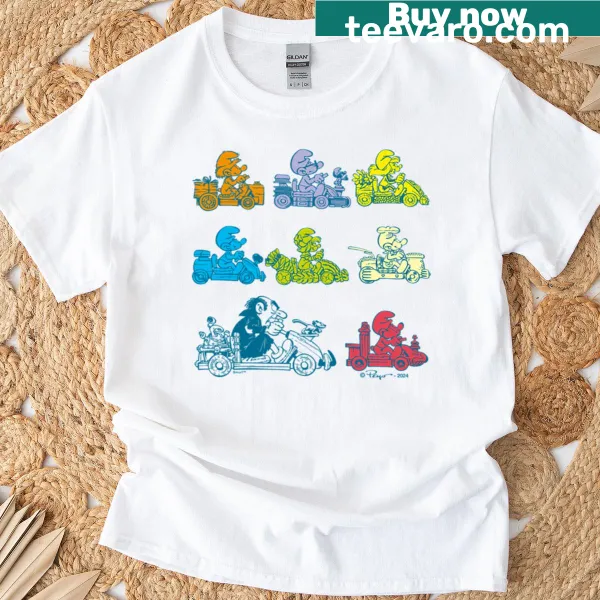 Playful Smurfs pilots design t-shirt with stacked logo