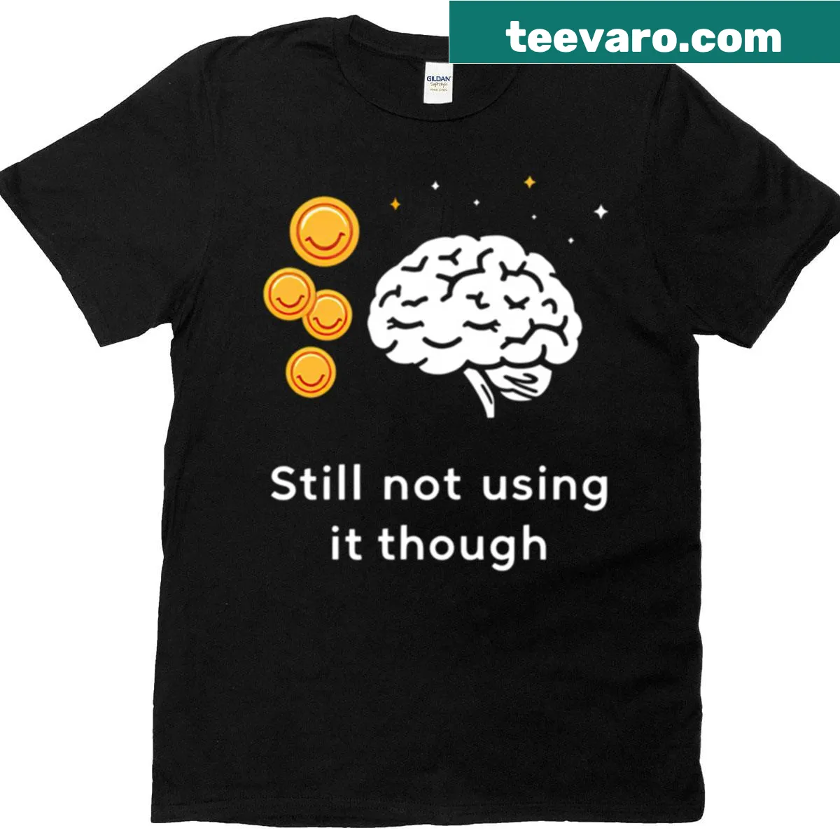 Minimalist brain design on a black t-shirt with white and orange logo — on a men's t-shirt