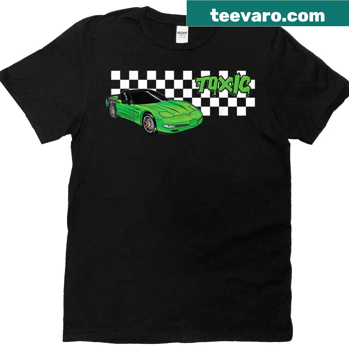 Retro Toxic-z06 Vette t-shirt with checkerboard pattern and logo — on a men's t-shirt