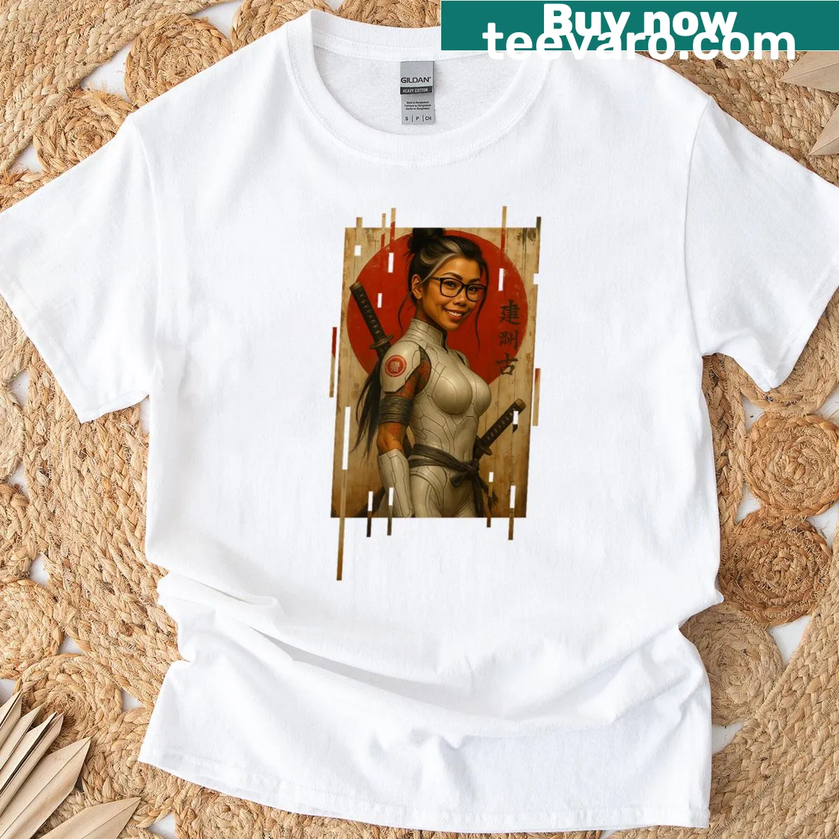 Tattoo design featuring a Japanese cowgirl on a premium T-shirt — on a men's t-shirt