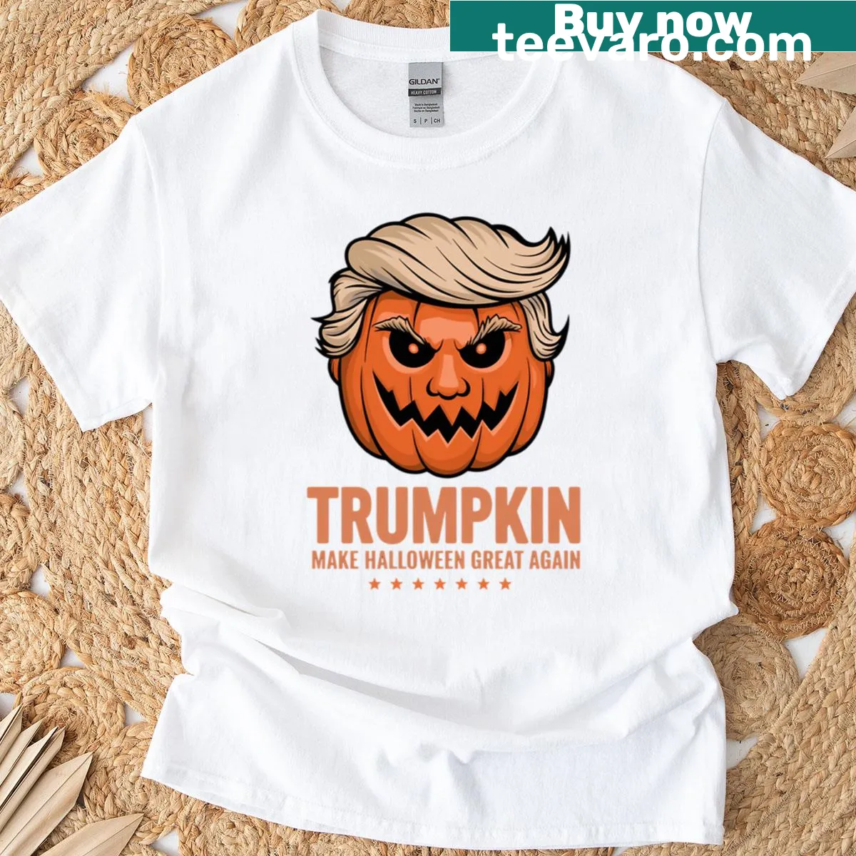 Humorous Halloween t-shirt featuring a pumpkin cartoon resembling a famous figure — on a men's t-shirt