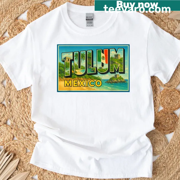 Vintage Tulum travel graphic t-shirt featuring palm trees and sunset
