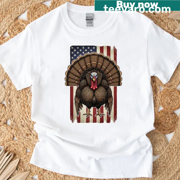 Distressed T-shirt with turkey and American flag graphic for hunters