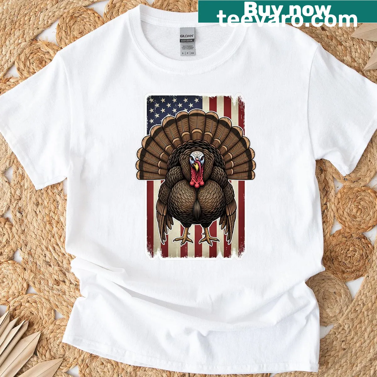 Distressed T-shirt with turkey and American flag graphic for hunters — on a men's t-shirt
