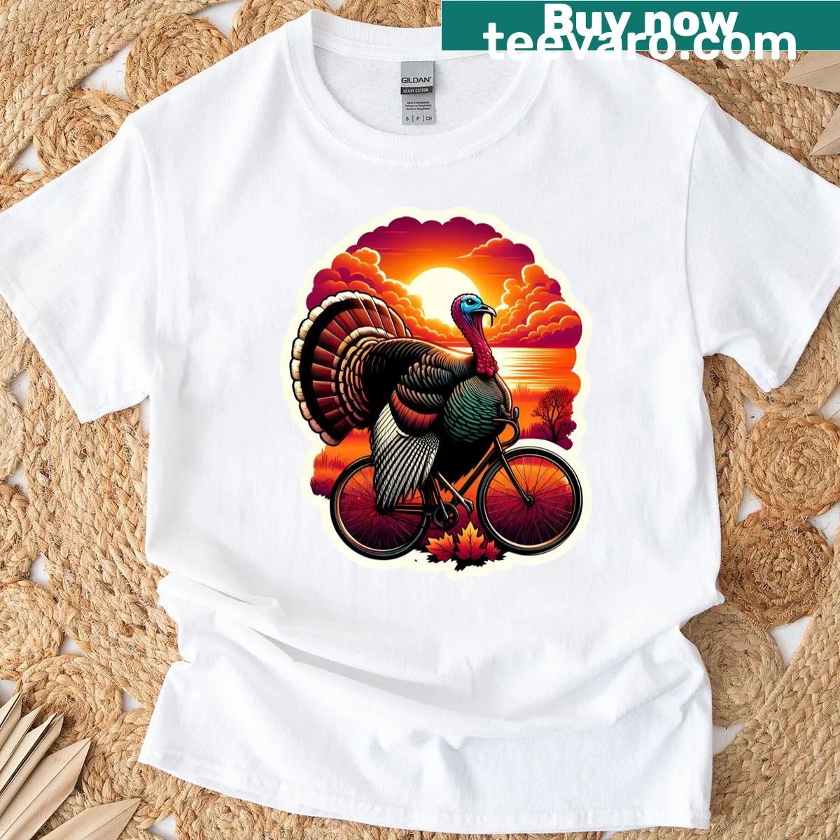 Funny turkey riding a bike graphic for Thanksgiving T-shirt — on a men's t-shirt