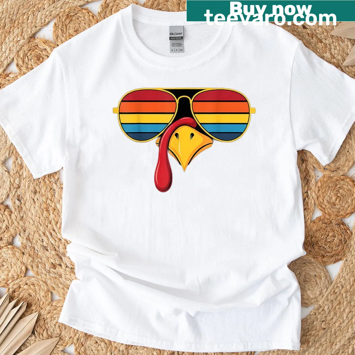 Turkey graphic t-shirt with sunglasses in a fun, cartoon style — on a men's t-shirt