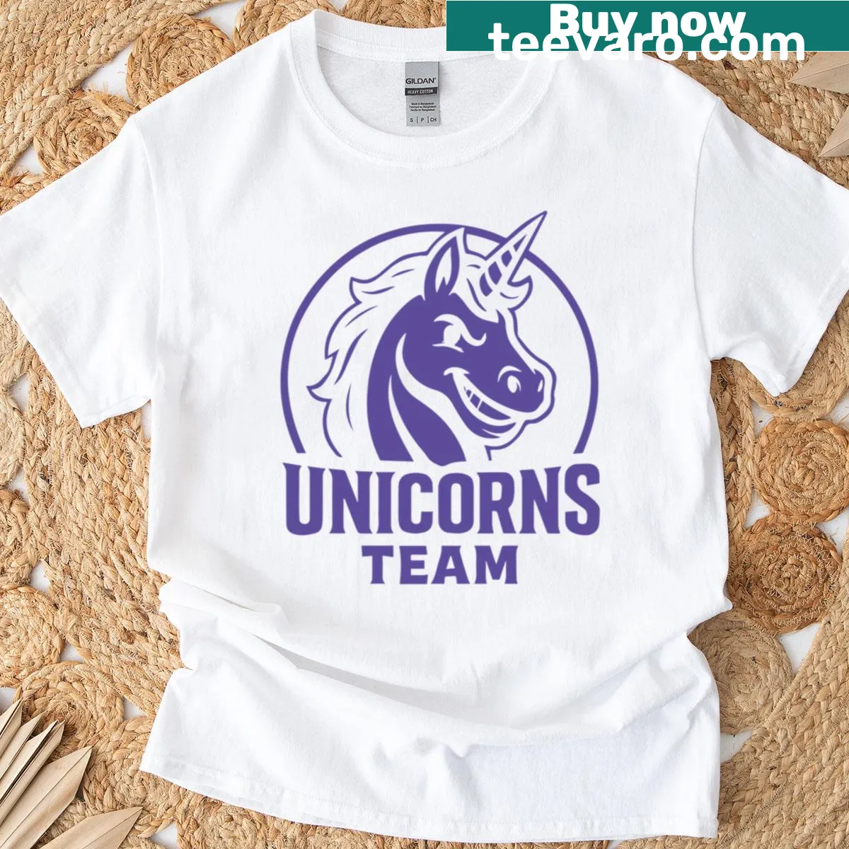 Oversized T-shirt featuring a fierce monochrome unicorn mascot logo for kids. — on a men's t-shirt