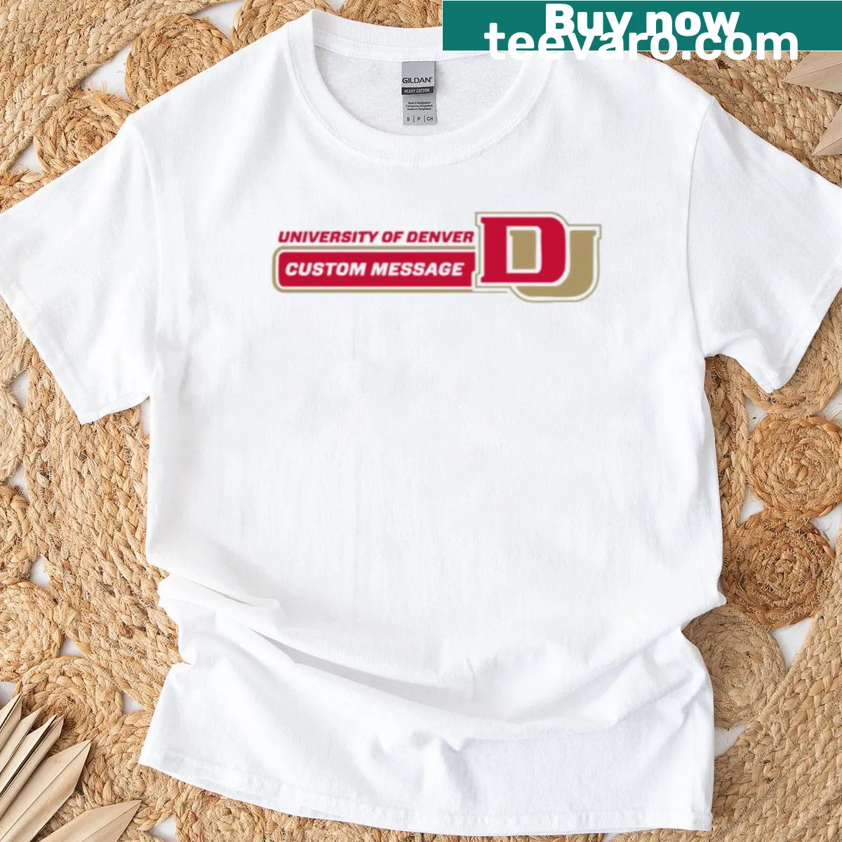 University Of Denver T-shirt featuring bold text representing the institution — on a men's t-shirt